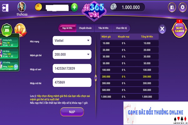 Nạp tiền M365Vin gamebaidoithuongonlinelive