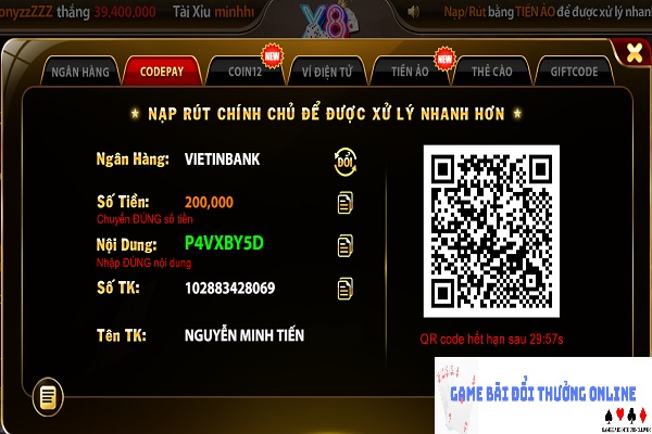 Nạp tiền X8 Club gamebaidoithuongonlinelive
